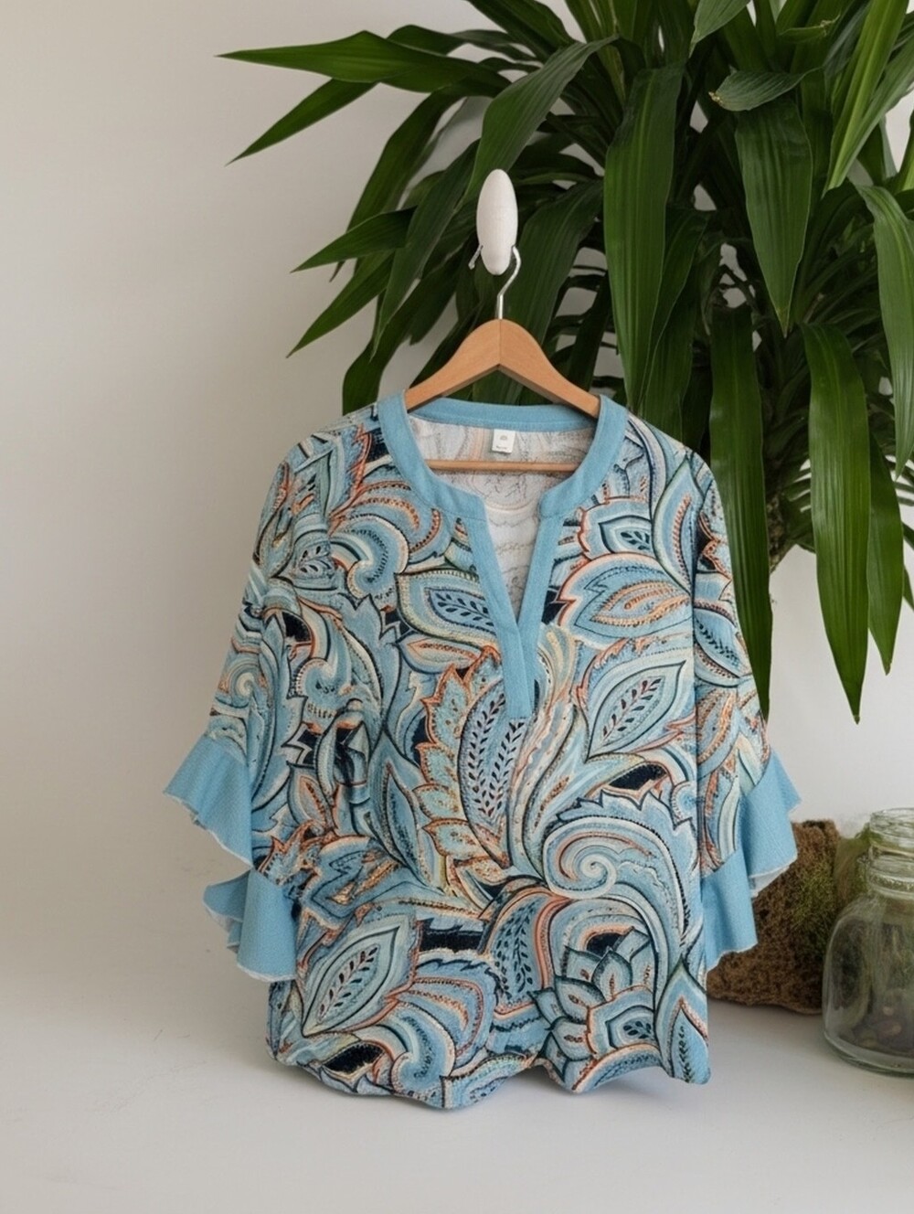 Light Blue Paisley Print Women's Top with Flare Sleeves